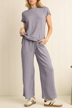 Load image into Gallery viewer, Luxury Solid Corded Short Sleeve T Shirt And Wide Leg Pants Set
