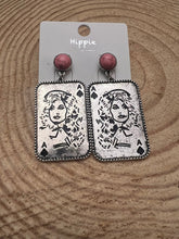 Load image into Gallery viewer, Dolly Card Theme Dangle Earrings with Pink Stone - 2 1/2 inch drop

