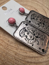 Load image into Gallery viewer, Dolly Card Theme Dangle Earrings with Pink Stone - 2 1/2 inch drop
