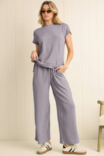 Load image into Gallery viewer, Luxury Solid Corded Short Sleeve T Shirt And Wide Leg Pants Set
