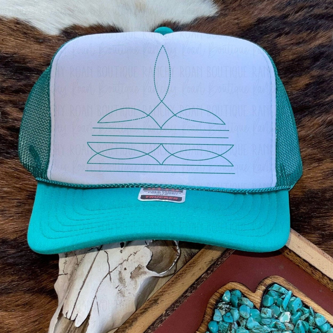 Turquoise Boot Stitch Print Trucker Hat