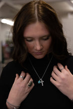 Load image into Gallery viewer, Western Rhinestone Cross and Faux Turquoise Dangle Necklace - 18 inch + 3
