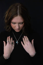 Load image into Gallery viewer, Western Rhinestone Cross and Faux Turquoise Dangle Necklace - 18 inch + 3
